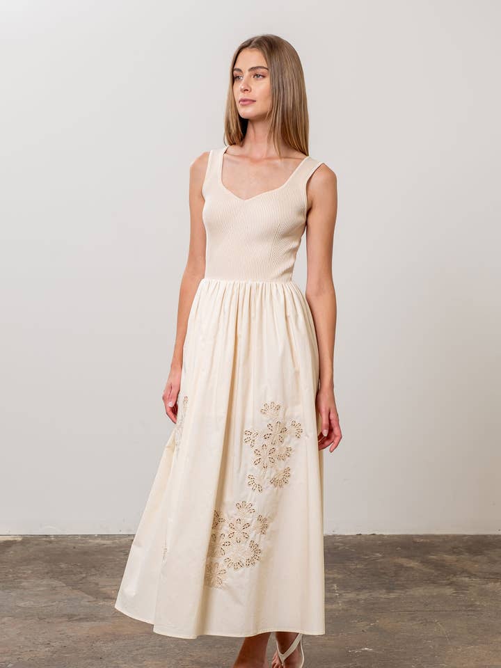 Moon River - Wholesale Dress - Women's - SWEATER TOP EYELET DETAIL MIDI DRESS