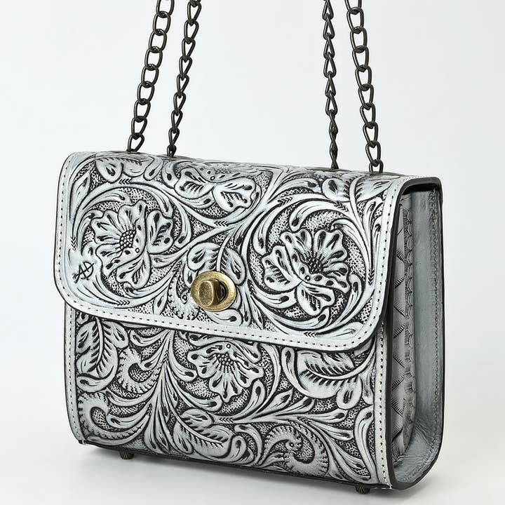 LS Western - Wholesale Crossbody bag – Women's - ADBG1630 Tooled Floral Leather Crossbody Bag with Antique Brass Turn Lock & Chain Strap1