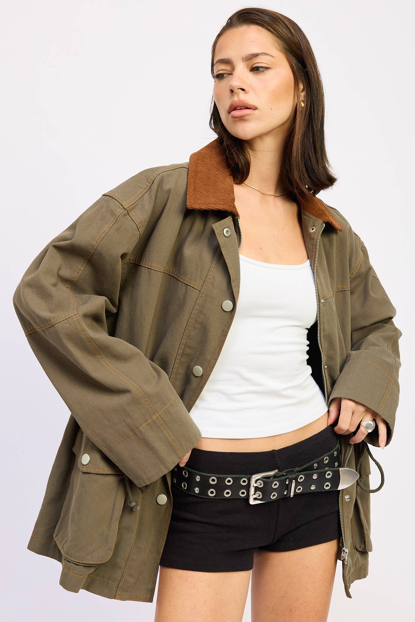 OLIVE PANELED CHORE JACKET WITH WAIST TIE for wholesale on Faire6