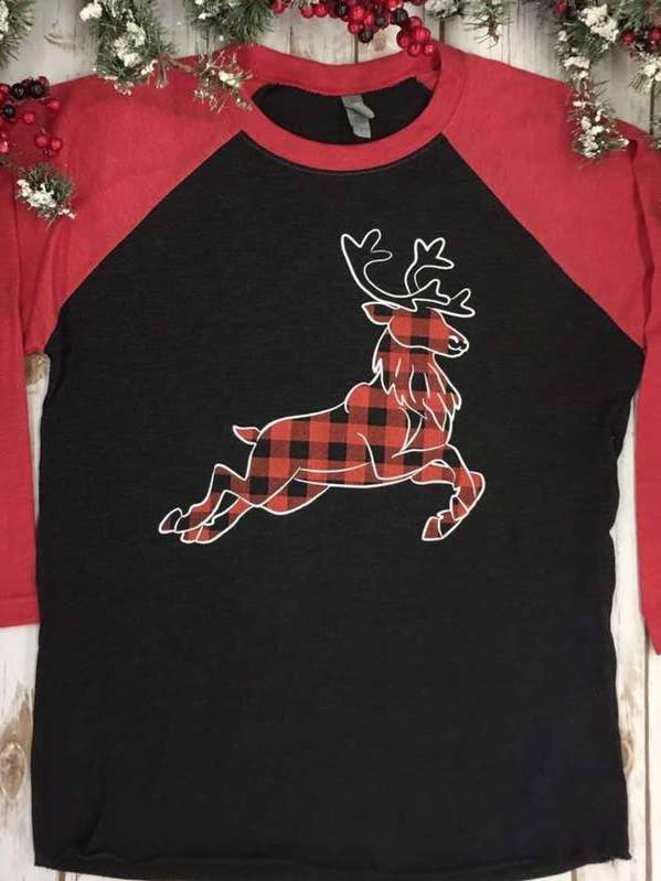 Buffalo Plaid Rensdyr Raglan Jul for engroshandel hos Plain Apparel Tees