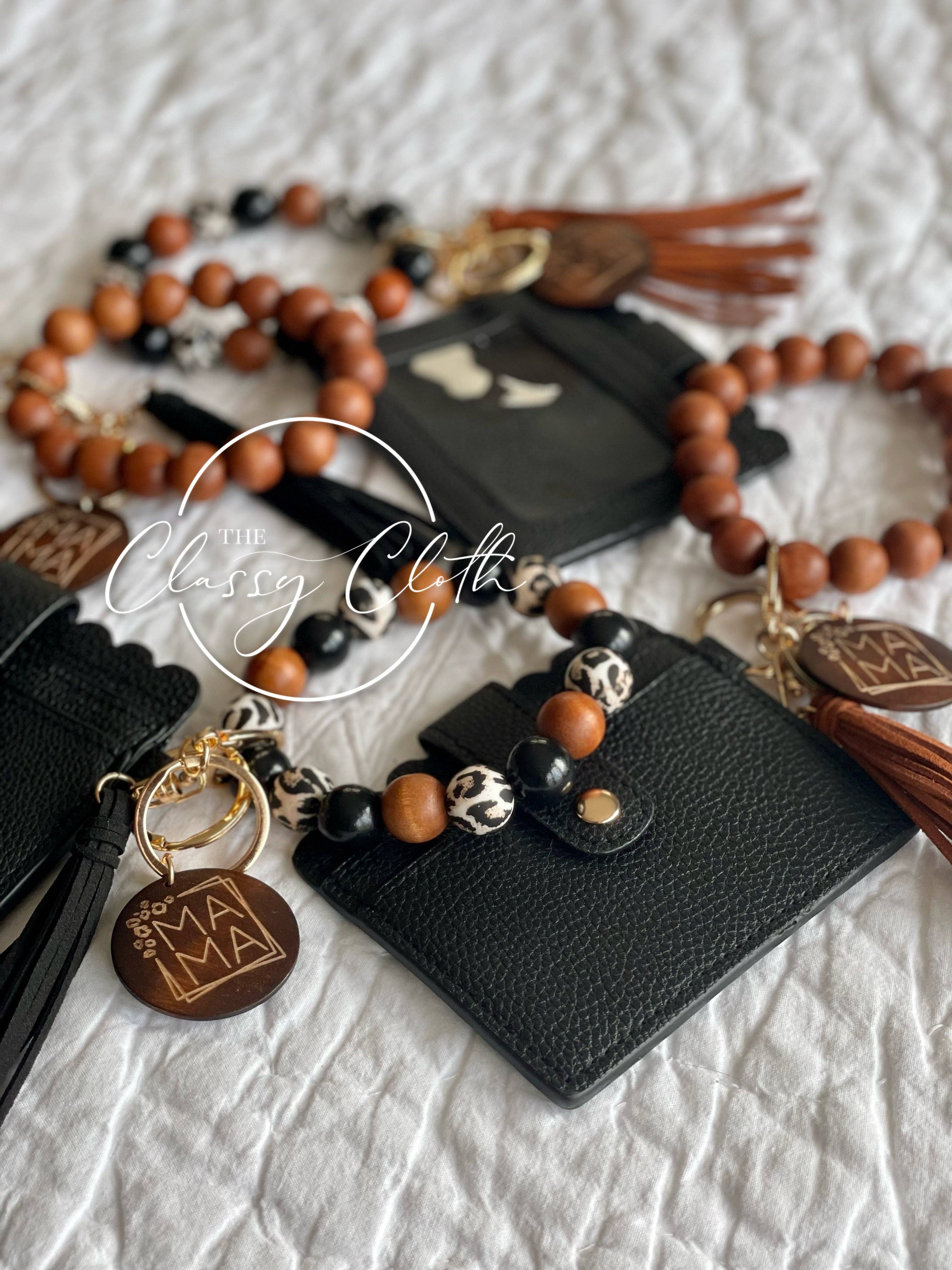 The Classy Cloth WS - Vente Bracelets - Portefeuille porte-clés MAMA Wristlet - Léopard avec pompon noir RTS4