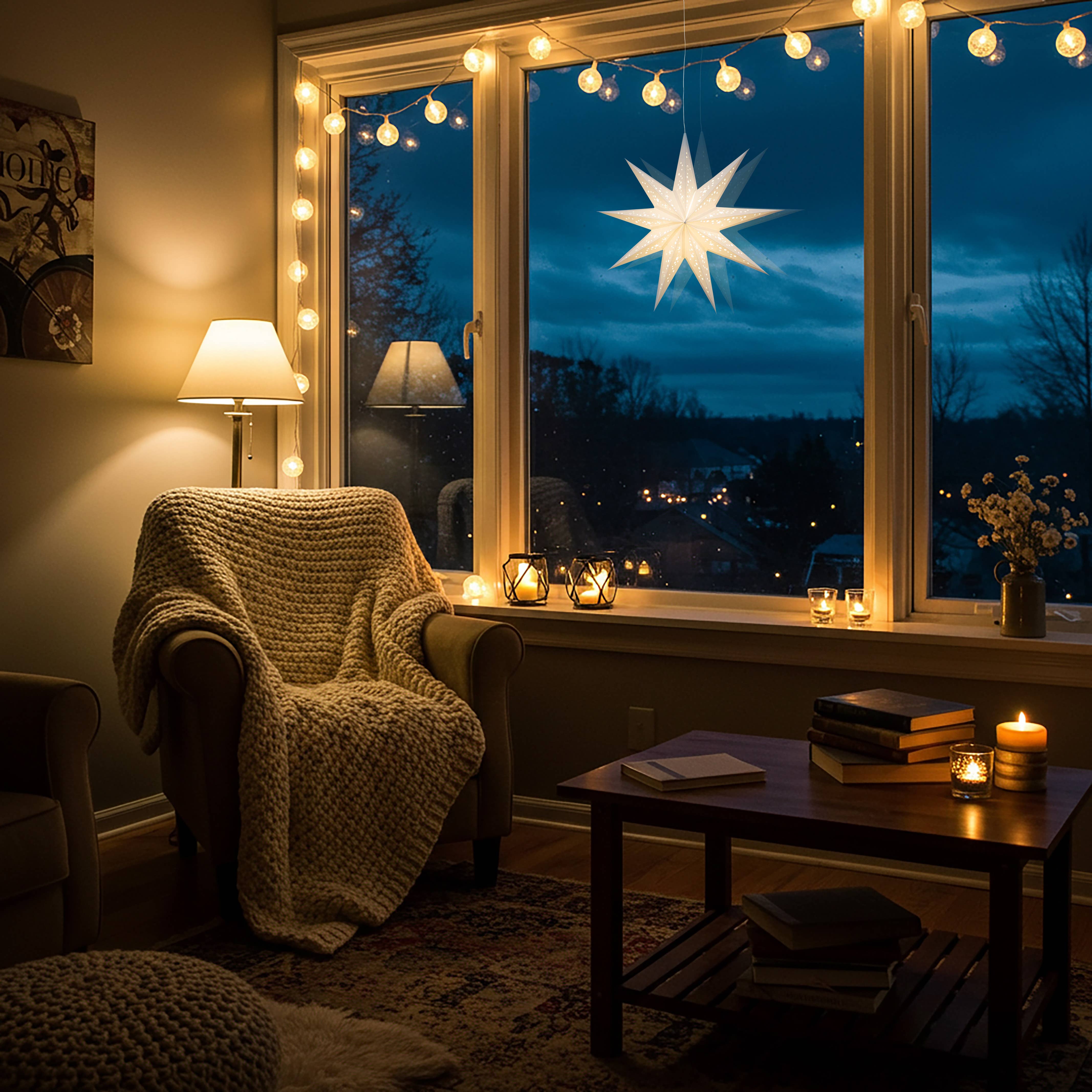 Artschatz LLC - Wholesale Paper Lantern/Lamp - Twinkle Star ~ 9 P, 16", White Paper Star Lantern Light1