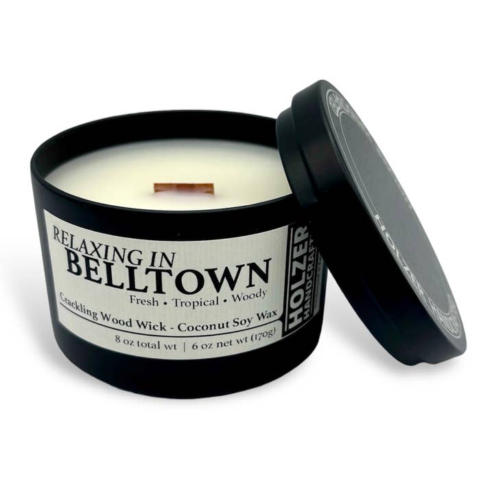 Wood Wick Candle Relaxing in Belltown - Cocoa Butter + Cashmere Scented | Natural | Hand-poured Coconut Soy Wax | 6 oz Modern Black Tin with Lid | Handmade | Non-toxic Phthalate-free Luxury Fragrance for wholesale by Holzer Handcrafted ®