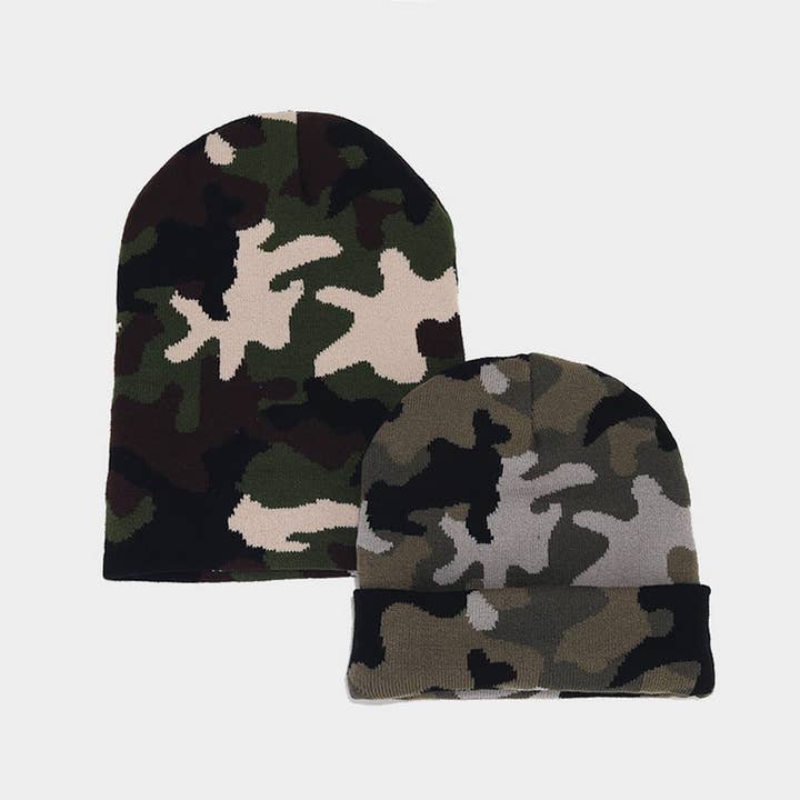 ACCITY - Wholesale Beanie - Unisex - CAMOUFLAGE JACQUARD ROLLED BRIM BEANIE KNITTED HAT_CWAH20784