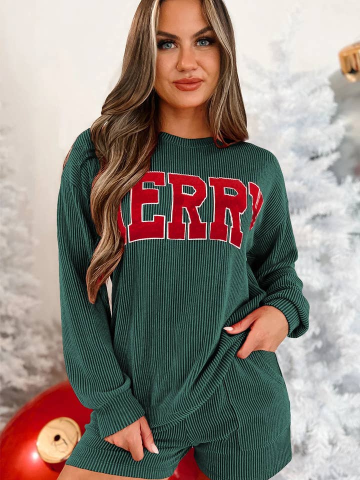 Lovesoft - Wholesale Lounge Set - Women's - Racing Red Corded MERRY Graphic Long Sleeve Top and Shorts Set13