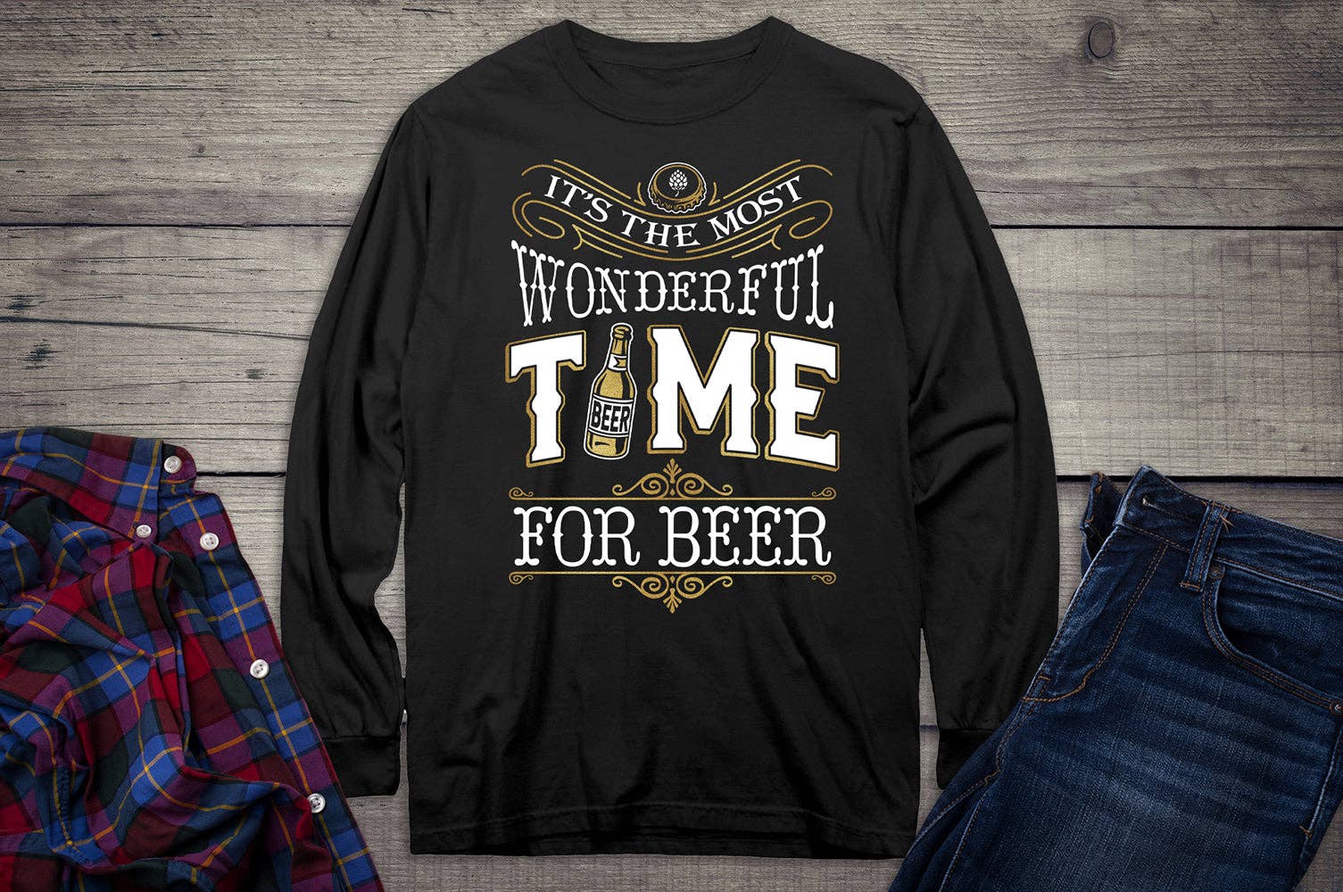 Artopia - Wholesale Screen Printed T-Shirt - Unisex - Wonderful Time For A Beer Metallic Long Sleeve Shirt1
