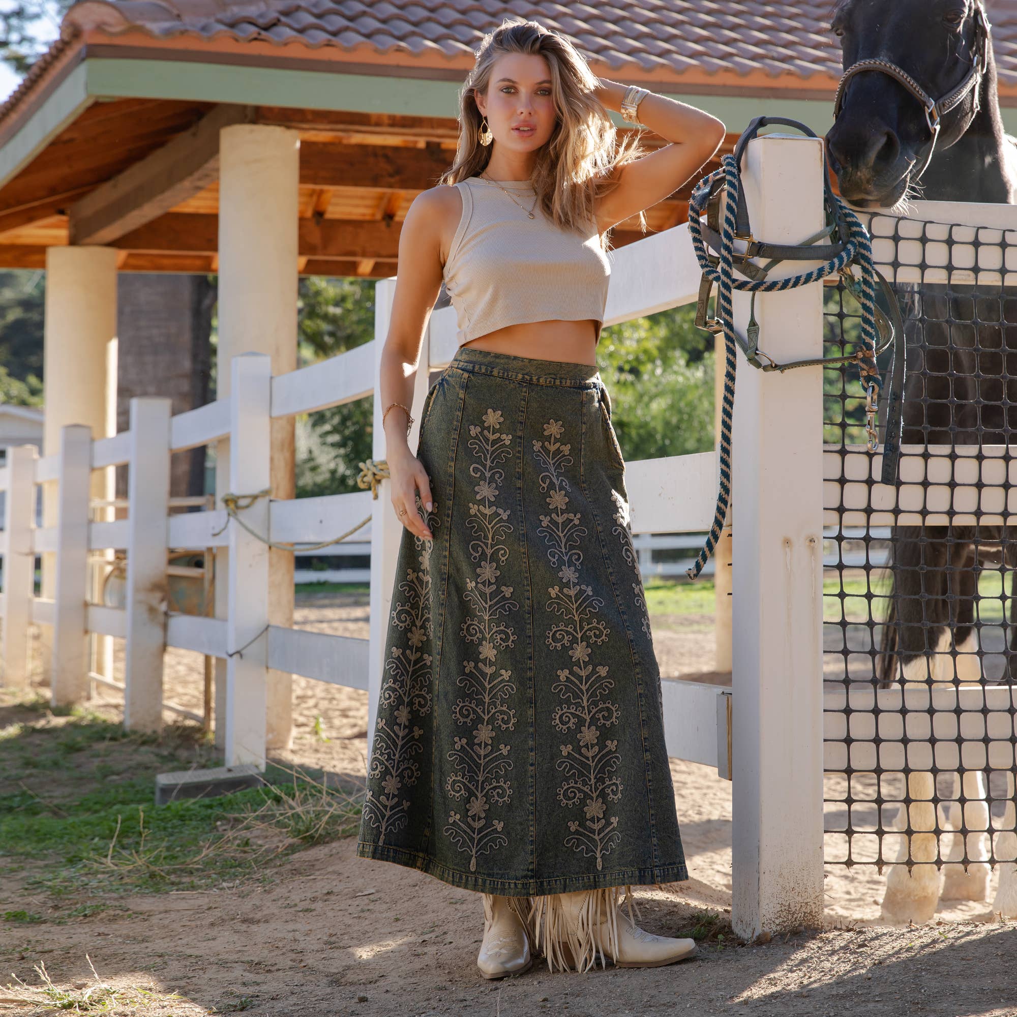 Young Threads - Wholesale Skirt - Women's - Artisan Floral Embroidered Denim Maxi Skirt (NEW)10