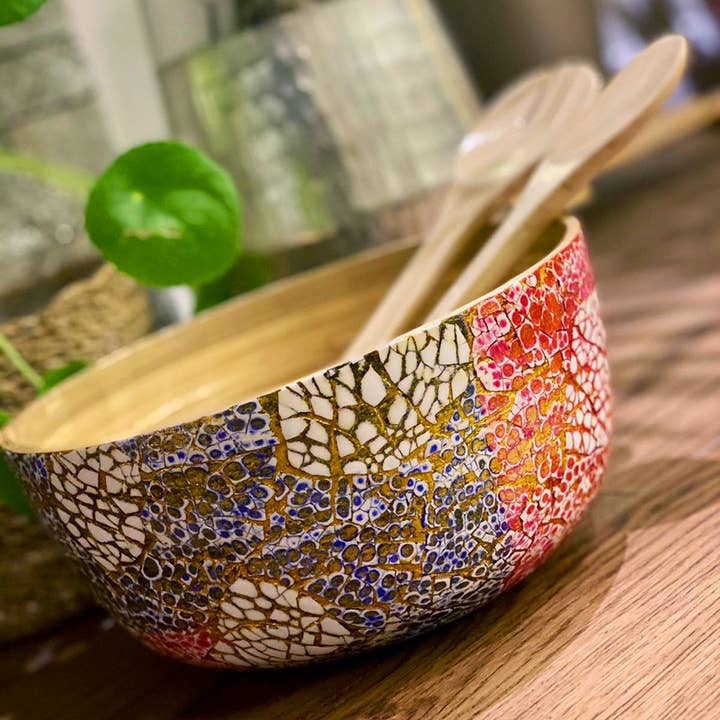 VIE - Wholesale Serve Bowl - Bamboo Salad Bowl, 23x10cm, with Matching Salad Servers