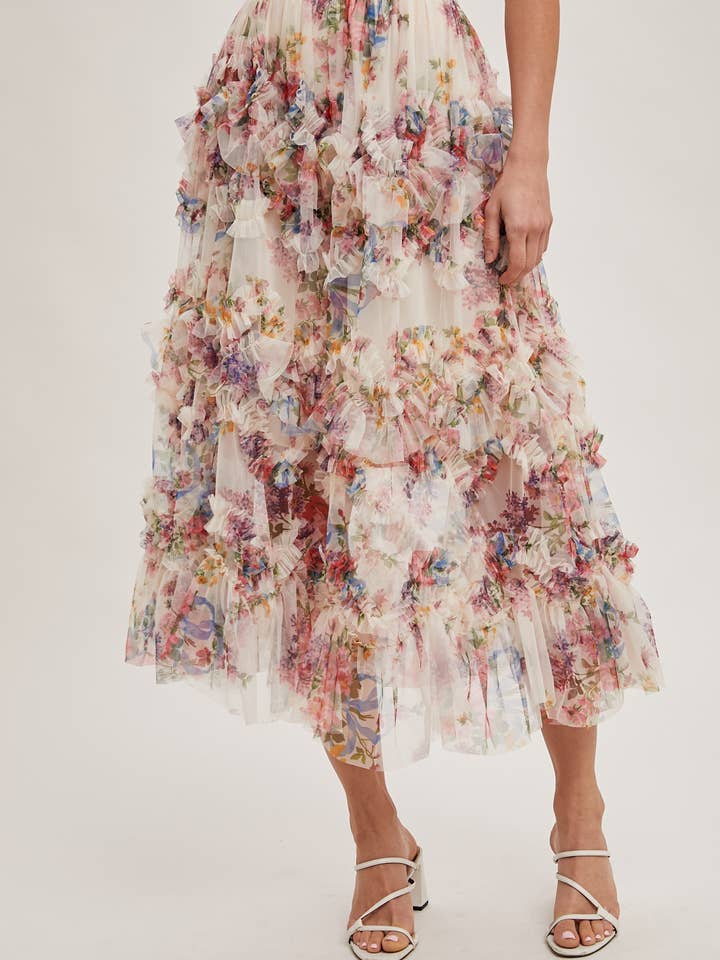 Bluivy - Wholesale Skirt - Women's - FLORAL RUFFLED MESH MIDI SKIRT