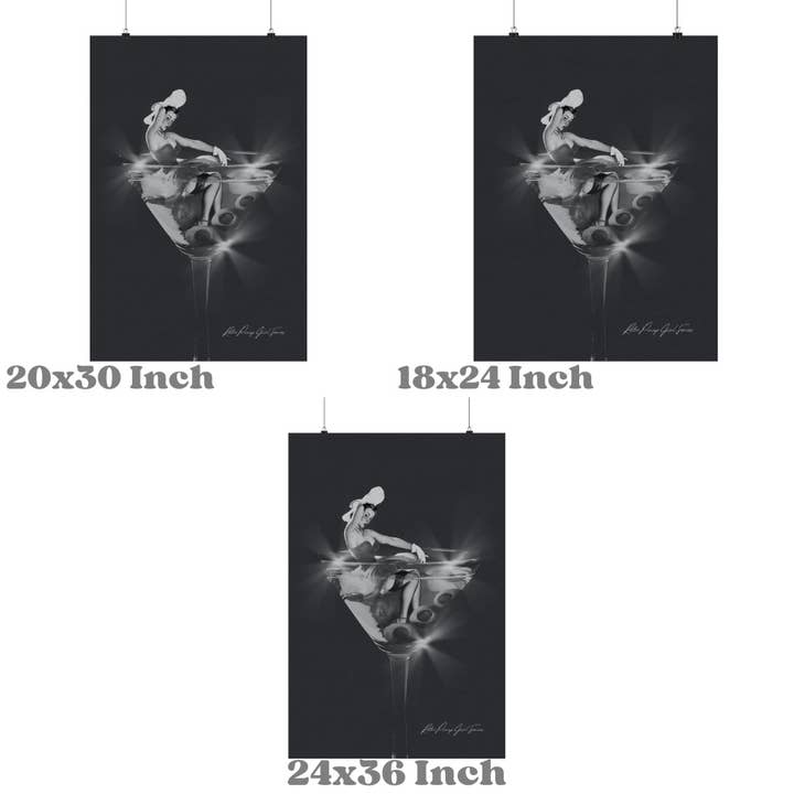 CLM Creative Studio - Wholesale Art Print - Retro Pinup Girl & Martini Glass Monotone Wall Art Print