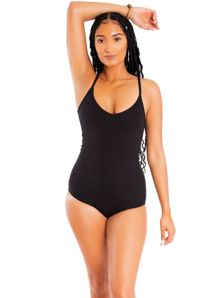 Ribbed Low Cut Bodysuit - Black for wholesale by 4WBW Intimates