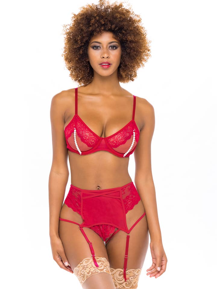 Red ALYSSA LACE/PEARLS OPEN CUP 2PC BRA SET for wholesale on Faire0