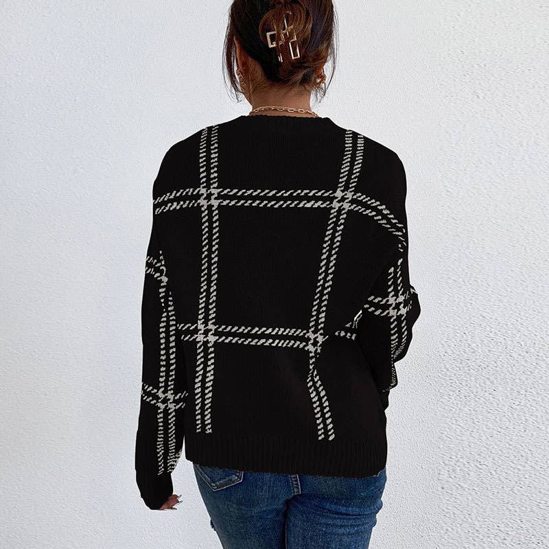 Anna Kaci Wholesale – wholesale Knitted jumper – Women′s – Plaid Pattern Crew Neck Long Sleeve Knit Sweater3