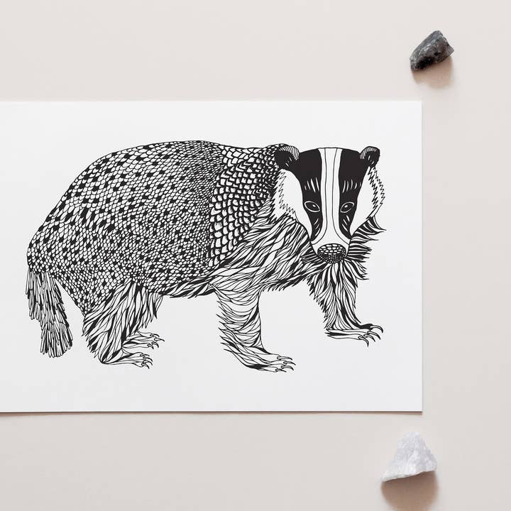 Badger Art Print – black and white for wholesale by Penny Royal Design
