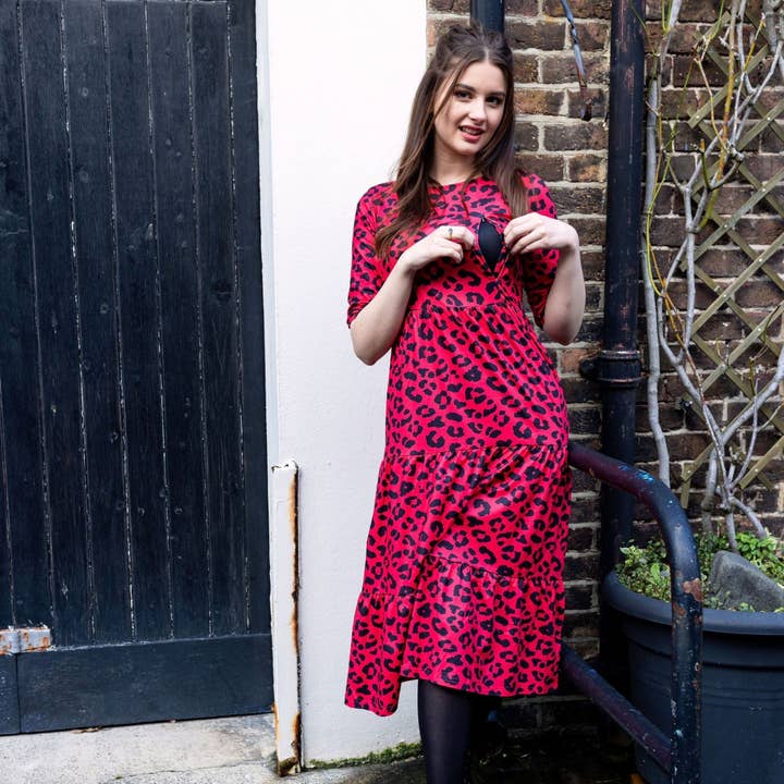 The Midi Breastfeeding Dress - Red Leopard for wholesale by Stylish Collective