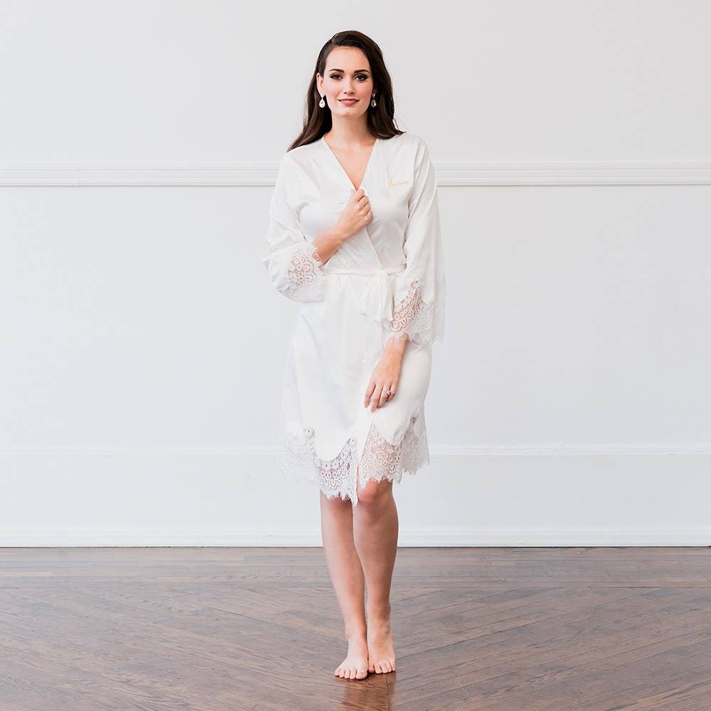 Weddingstar Inc. - Wholesale Robe - Women's - Women's Silky & Lace Trim Bridal Wedding Robe - White2