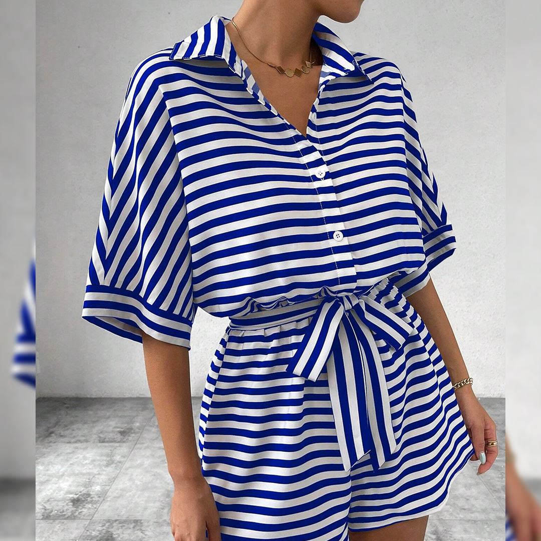 UNISHE - Wholesale Romper - Women's - Summer Striped Lapel Button-Up Belted Shorts Romper AXR12915