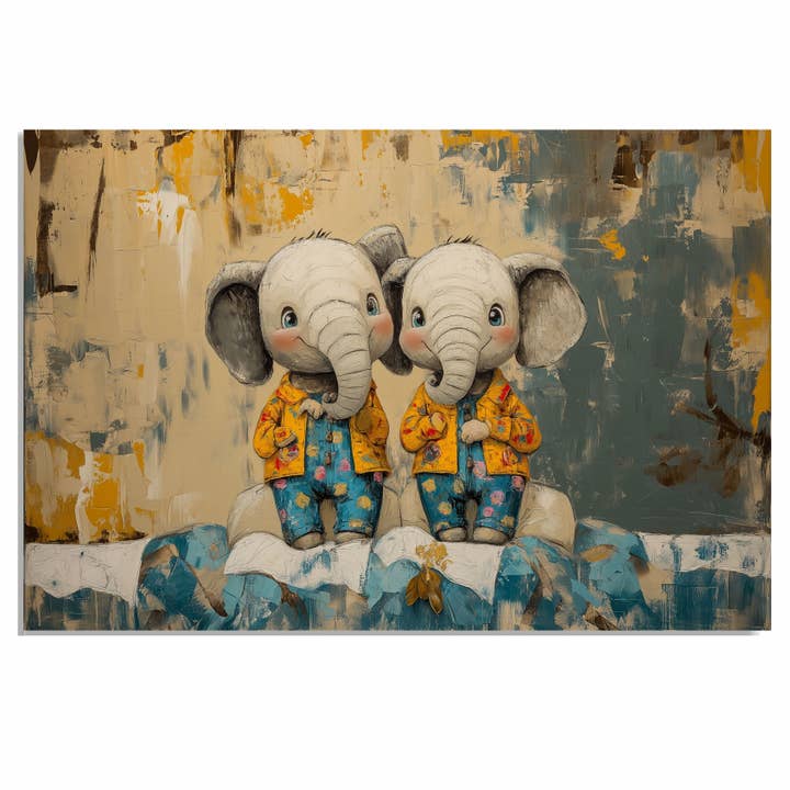 Bébés éléphants en tenues colorées sur toile roulée à plat pour la vente par Art Paradise Studios