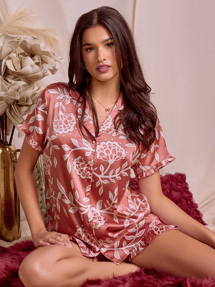 Sienna Floral Stretch Ruffle Notch Collar Short Set for wholesale by iCollection