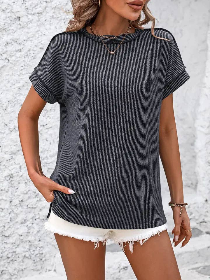 Lovesoft - Wholesale Knit Top - Women's - Backstitch Stripe Knit Short-Sleeve Casual T-Shirt