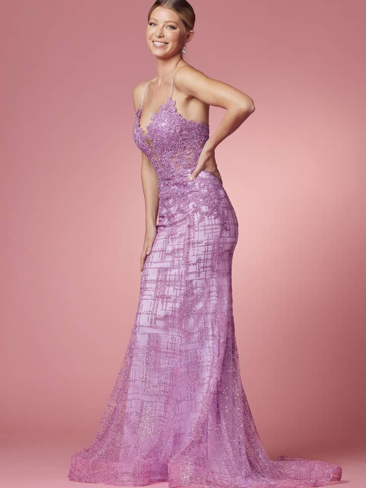 SMC Fashion - Wholesale Gown - Women's - Glitter Deep V-Neck Bodice Trumpet Long Prom Dress NXR282-112