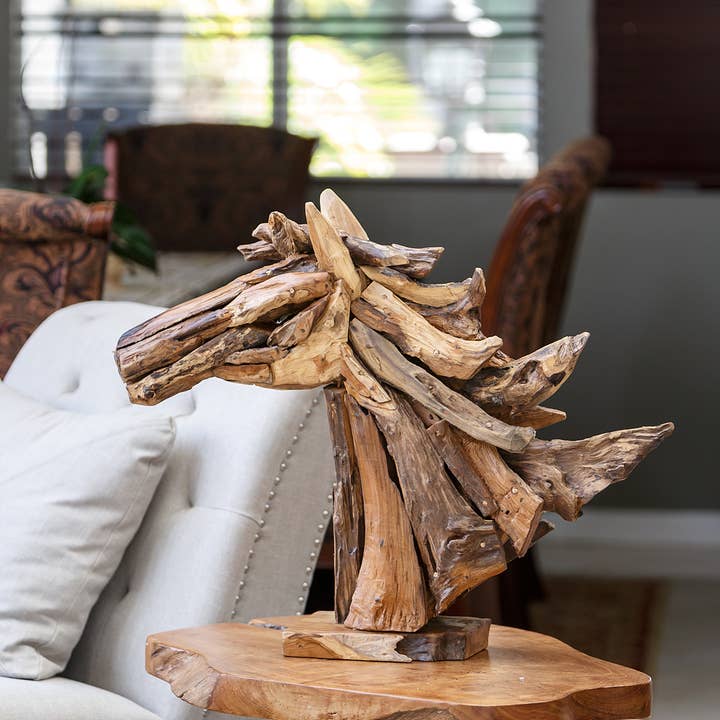 Teak Driftwood Running Horse Head for wholesale by Garden Age Supply