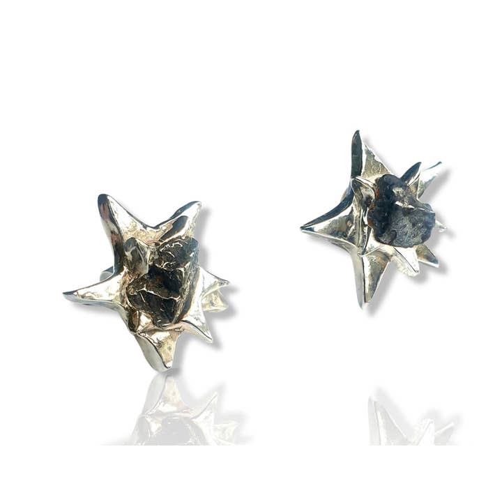 Double Silver Star Earrings With Iron Meteorite for wholesale by Jurassic Jewellery