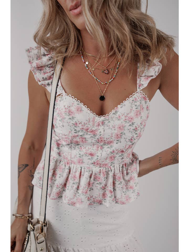 Pink LDC Floral Flutter Peplum Tank Top for wholesale on Faire
