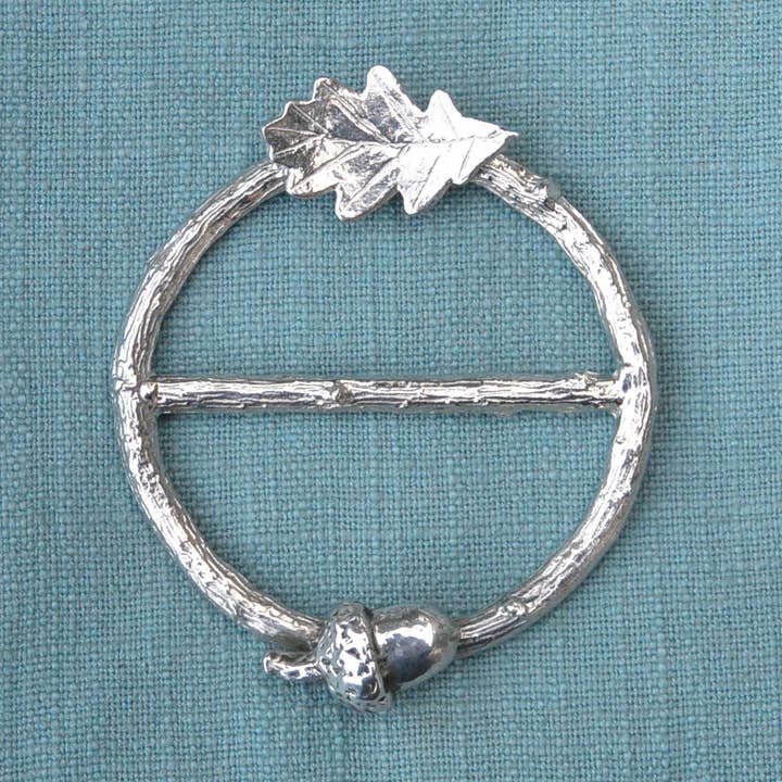 Acorn and Oak Leaf Scarf Ring, Hand Crafted by William Sturt for wholesale by William Sturt Fine Pewter