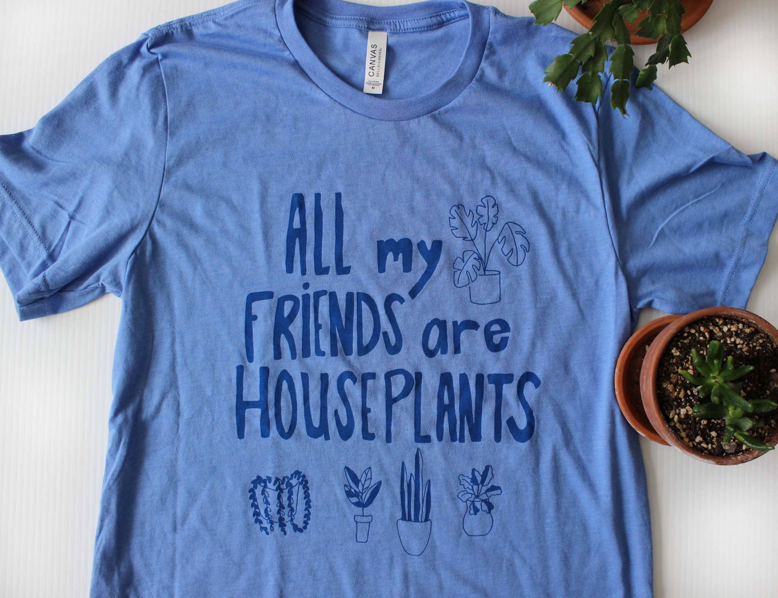 Yonder Studios - Wholesale Screen Printed T-Shirt - Unisex - Houseplants Shirt on Blue1