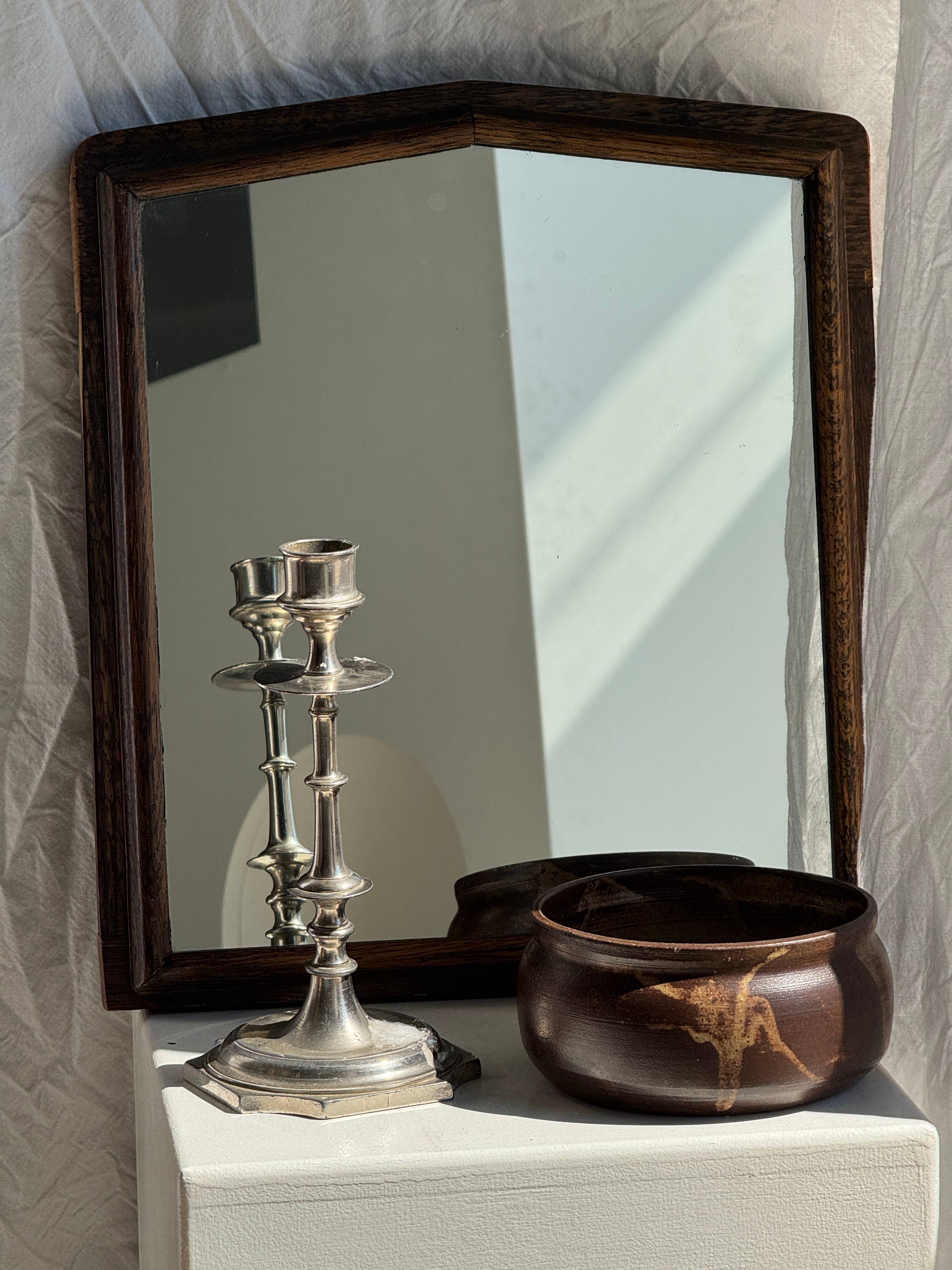 Brown Small antique English rectangular mirror with pediment for wholesale on Faire18