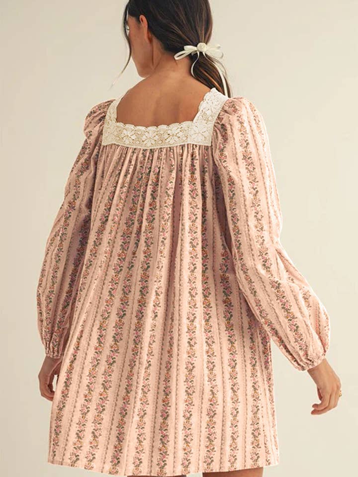 Khaki Floral Print Contrast Velvet Bow Lace Patchwork Long Sleeve Loose Mini Dress for wholesale on Faire1
