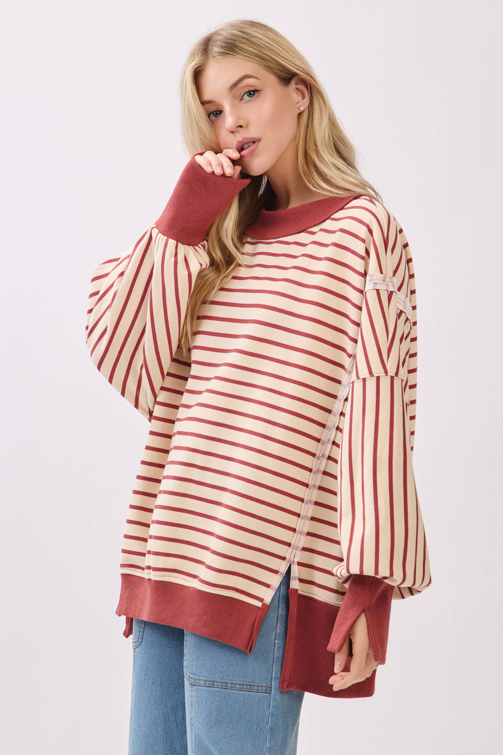 Sewn and Seen - Wholesale Sweatshirt - Women's - Striped Balloon Sleeve Terry Sweatshirt4