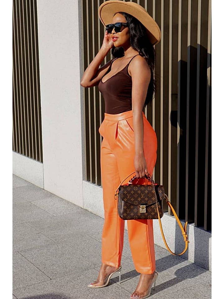 Orange Faux Leather Pants for wholesale on Faire