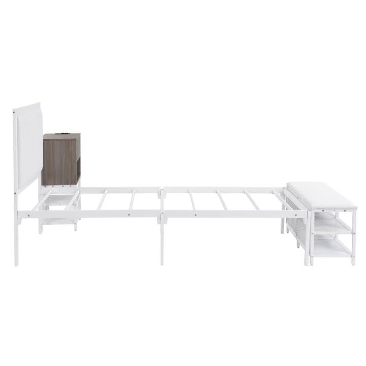 White Twin Metal Platform Bed with Storage Shelves & Cabinet for wholesale on Faire6