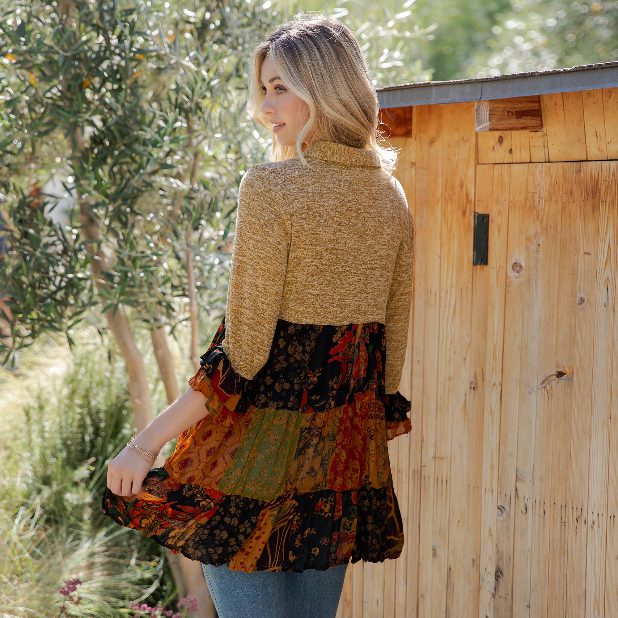 Young Threads - Wholesale Blouse - Women's - Western Denim Yoke Patchwork Tiered Tunic Top (New Color)33