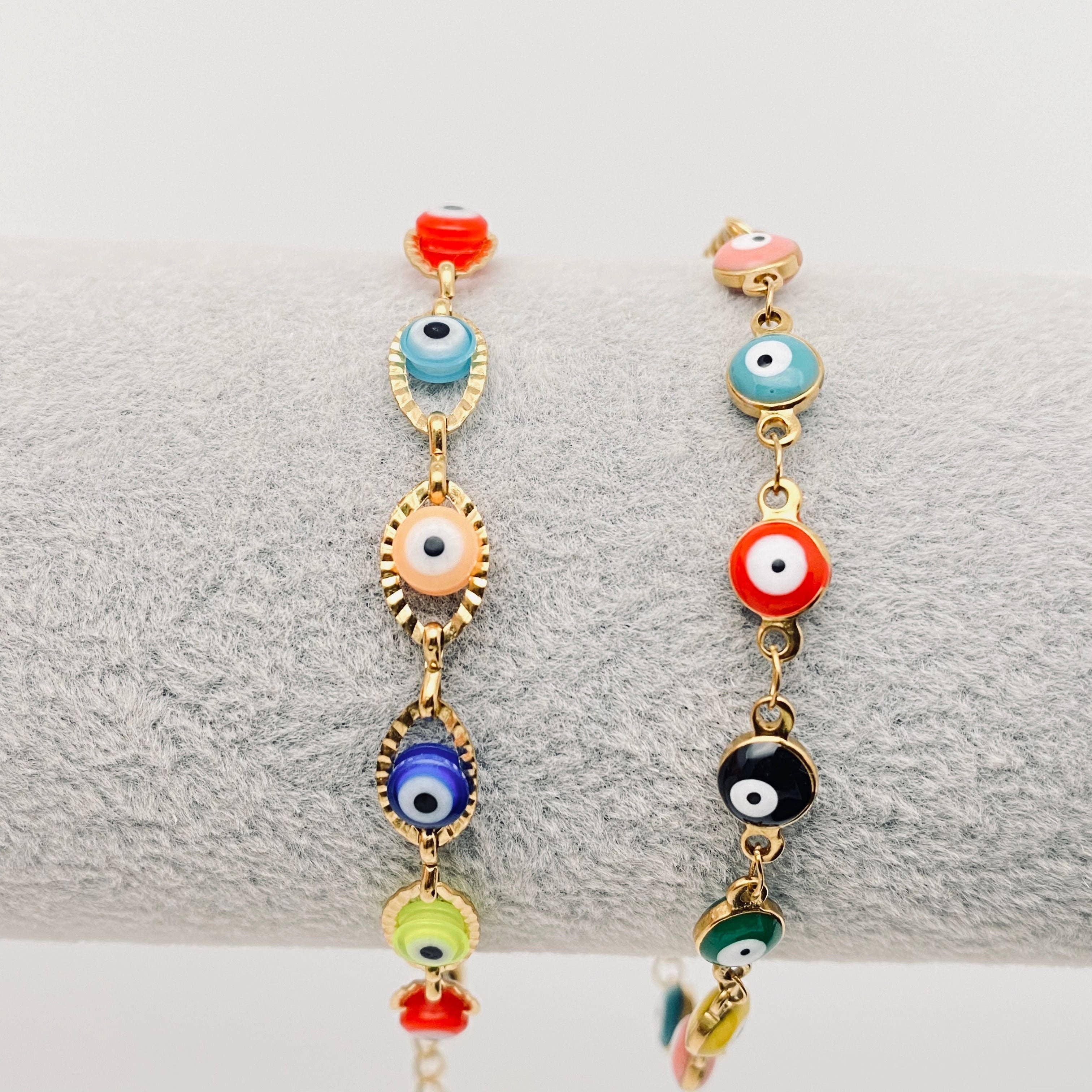 Mio Queena - Wholesale Charm/Dangle Bracelet - Enamel Evil Eye 18k Gold Plated Stainless Steel Bracelet-FGS14