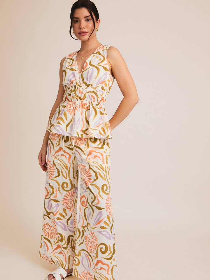 Haut à ourlet volanté à imprimé abstrait et pantalon large pour la vente par GILLI