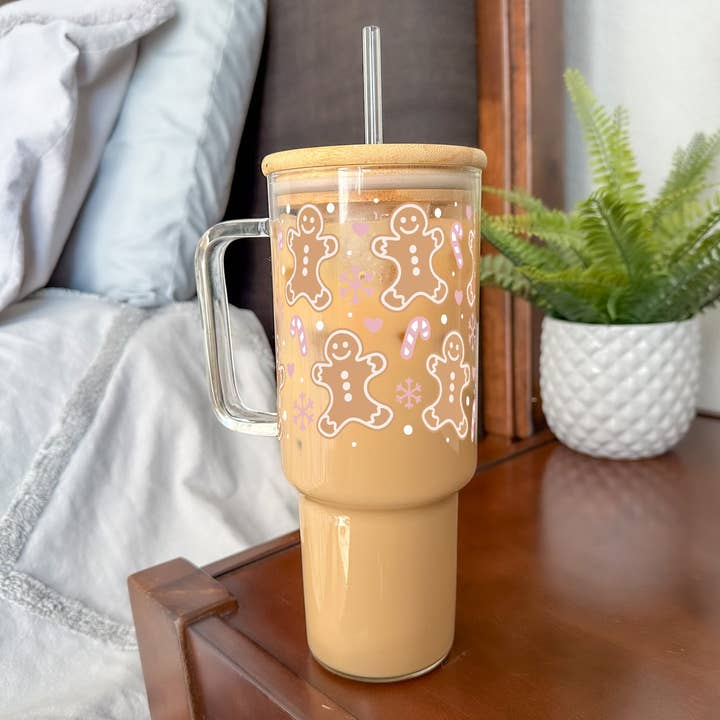 Sip-Sip Hooray! – wholesale Isolerade dryckesvaror – Rosa pepparkakor, pepparmynta och snöflinga jul 40 oz glasglas med lock och halm