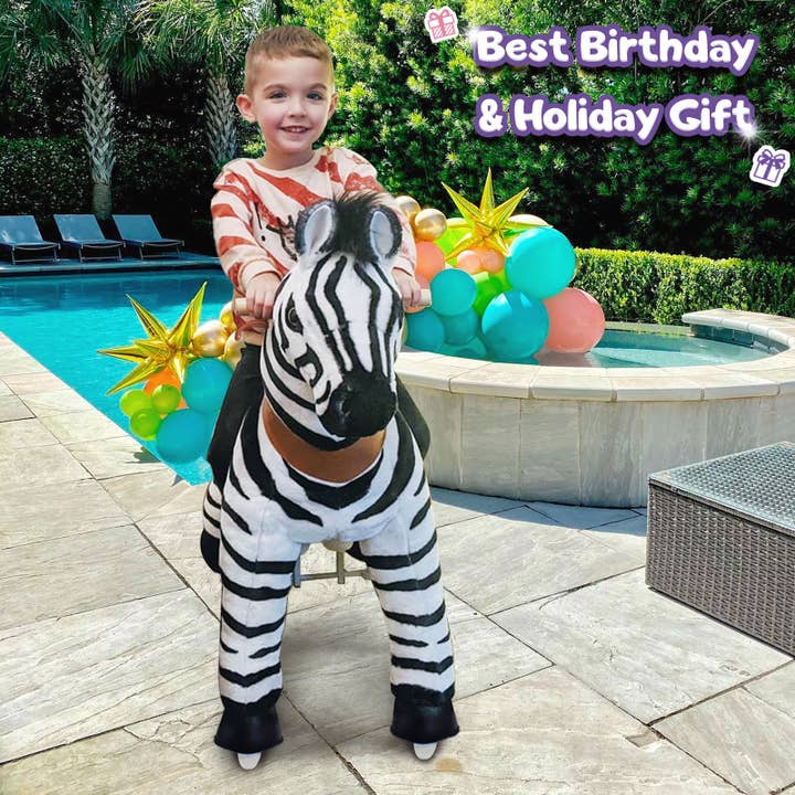 PonyCycle Ride-On Zebra | Plush Animal Riding Toy for wholesale by PonyCycle