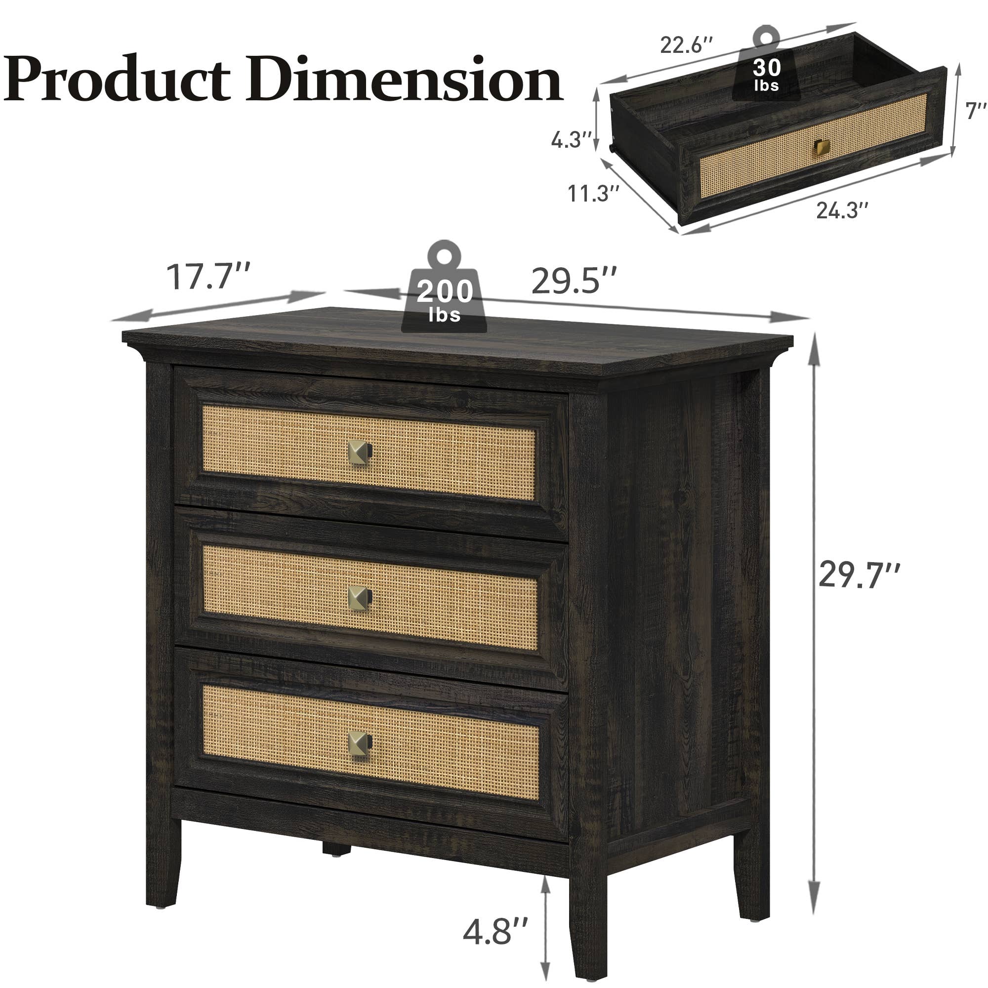 Heynemo - Wholesale Cabinet - 3 Drawer Dresser, Cane Nightstand with Rattan Drawers3
