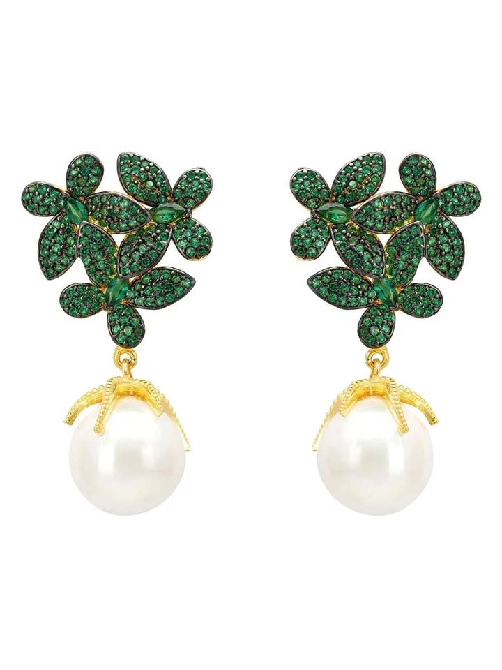 Flowers Pearl Earrings Emerald Green Gold for wholesale by Latelita