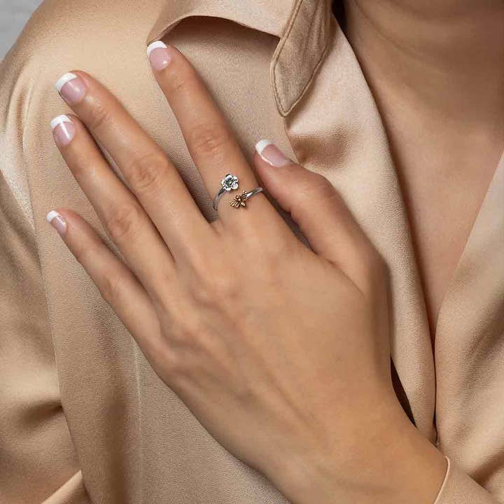 Nina Designs - Wholesale Band/Stacked Ring - Sterling Silver Adjustable Ring - Flower and Bee Ring2