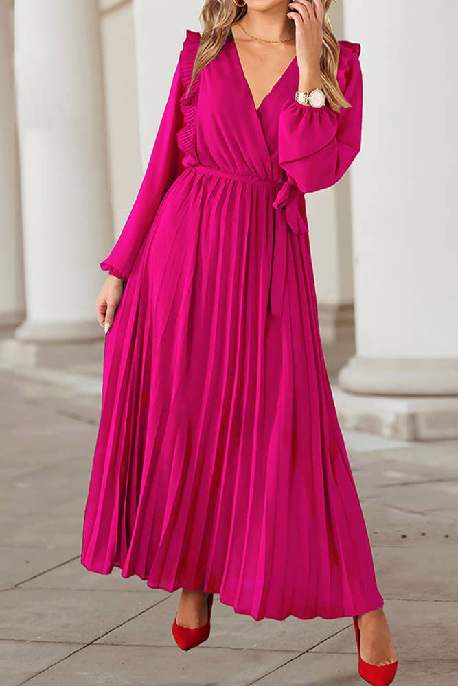 Wholesale Plain Pleated Surplice V Neck Maix Dress HYG007