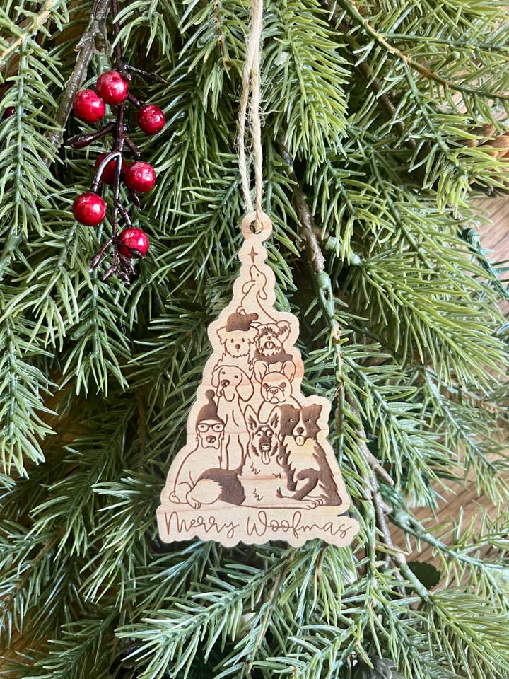 Merry Woofmas Dog print tree pet Wooden Christmas Ornament for wholesale by Rustic Raleigh