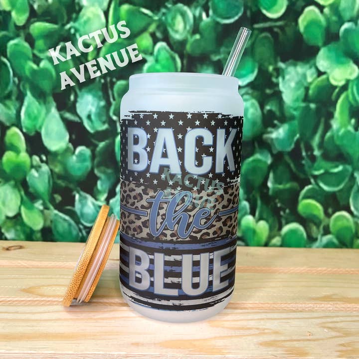 Back the Blue Frosted Glass Can for wholesale by Kactus Avenue