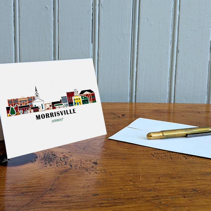 Cartolina di saluti vuota con paesaggio urbano di Morrisville, Vermont per la vendita all'ingrosso da parte di Soijen Illustrations