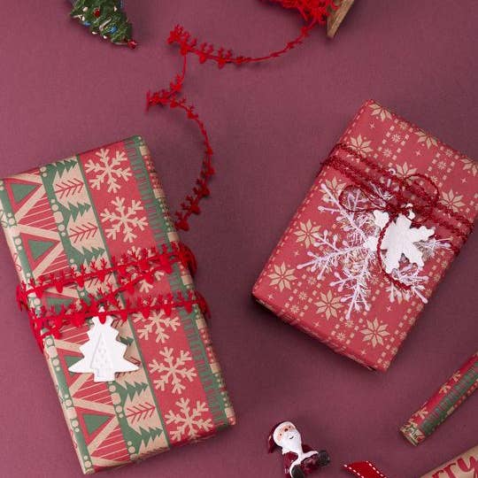 LA Ribbons Wholesale - Wholesale Wrapping Paper Roll - 30" x 10' Kraft Wrapping Paper | Knit Natural/Red/Green