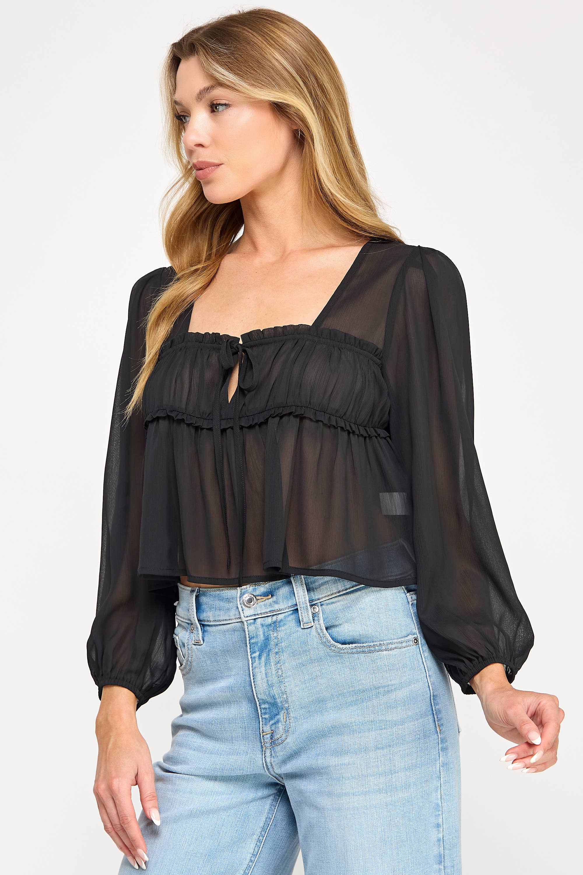 Vestis M - Vente Chemisier – femme - Haut à manches bouffantes transparentes en chiffon à encolure carrée - Noir5