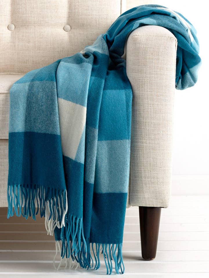 Teal Box Plaid Cashmere Blanket for wholesale by QUINN